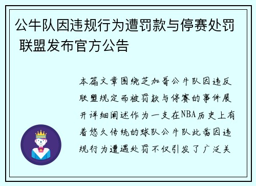 公牛队因违规行为遭罚款与停赛处罚 联盟发布官方公告