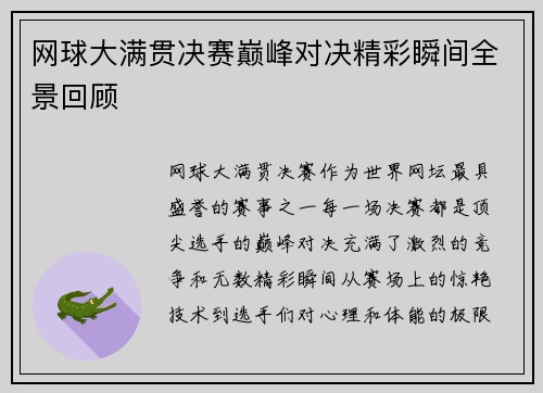 网球大满贯决赛巅峰对决精彩瞬间全景回顾