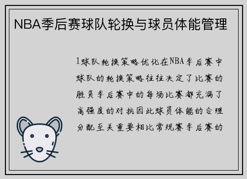 NBA季后赛球队轮换与球员体能管理