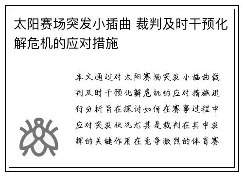 太阳赛场突发小插曲 裁判及时干预化解危机的应对措施