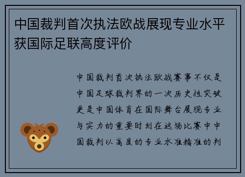 中国裁判首次执法欧战展现专业水平获国际足联高度评价